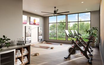 a home gym with a row of exercise bikes in front of a window
